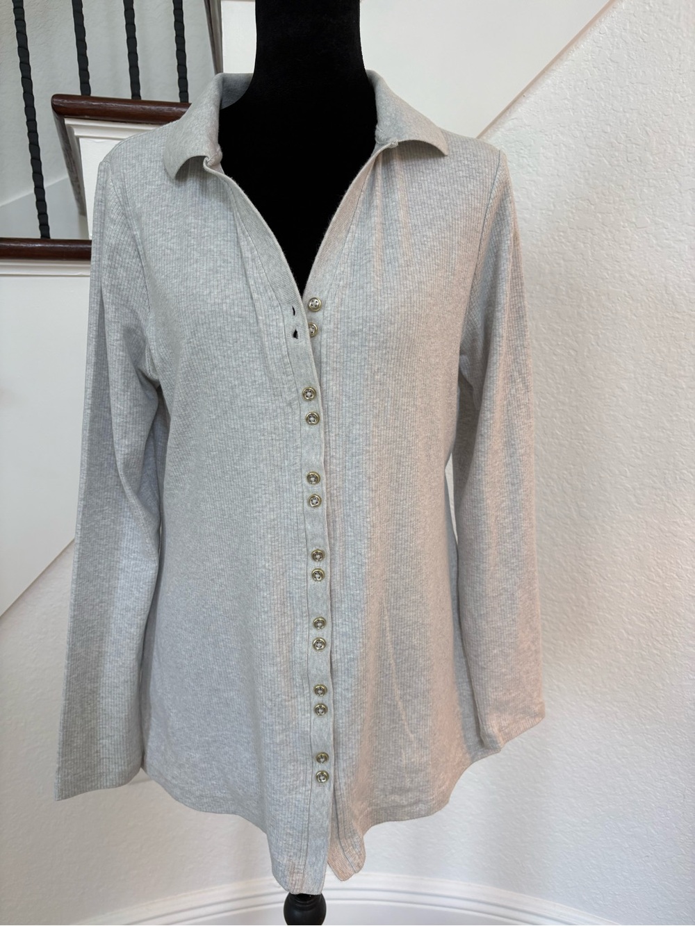 Light Gray Long-Sleeve Button-Front Polo Top